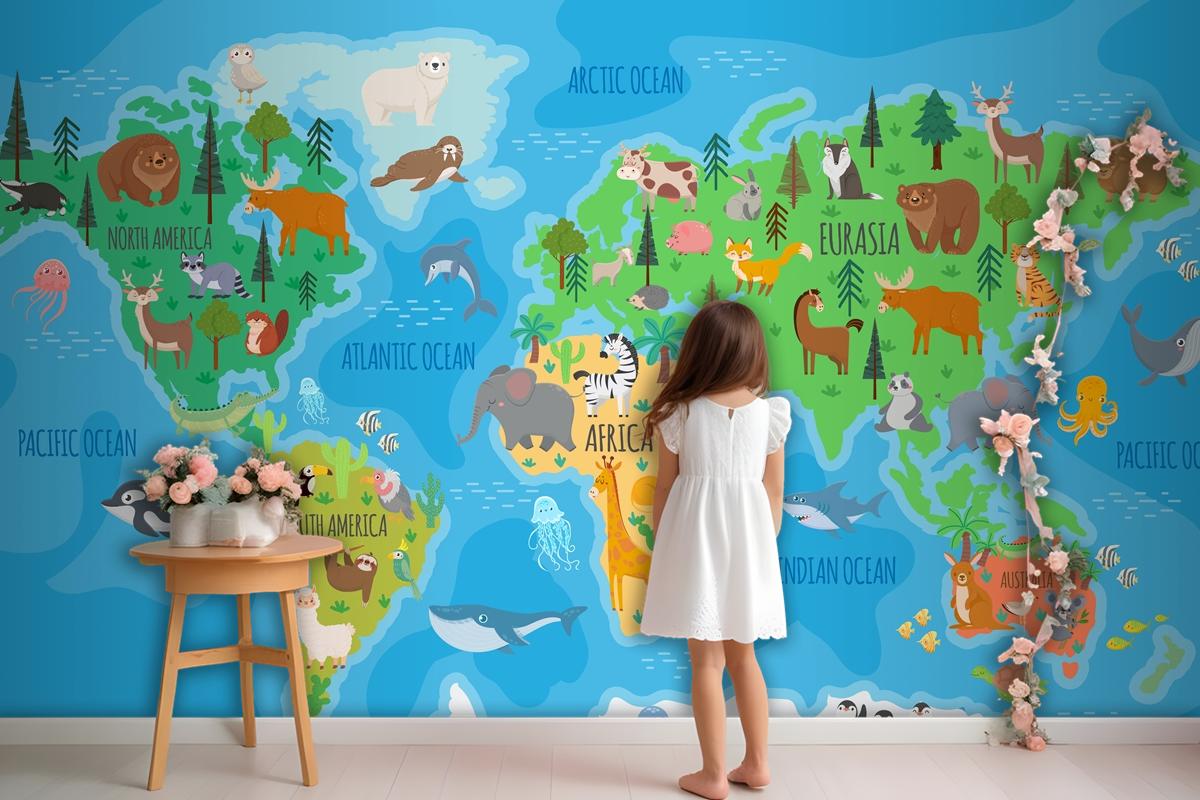 Cartoon World Map For Kids Nursery With Forest Animals Wallpaper Mural