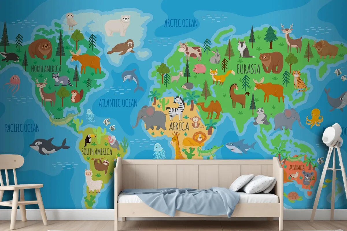 Cartoon World Map For Kids Nursery With Forest Animals Wallpaper Mural