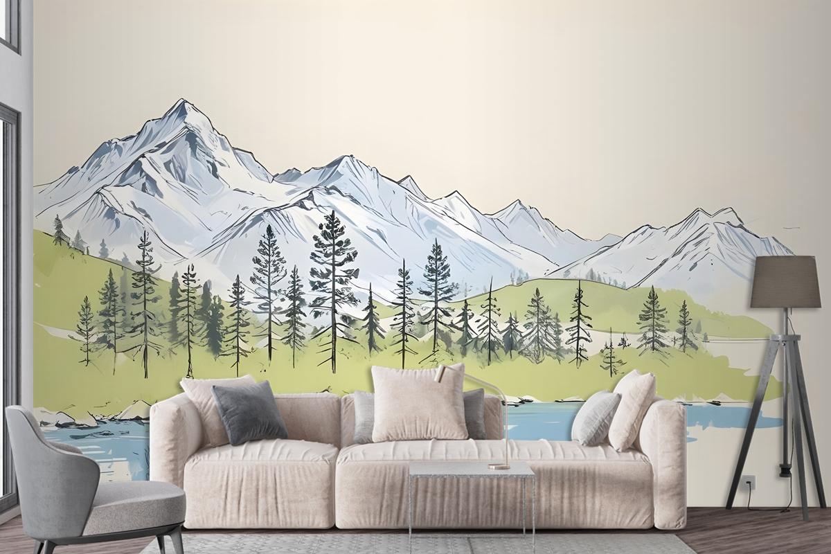 Charcoal Mountain Landscape With Lake And Pine Trees Wallpaper Mural