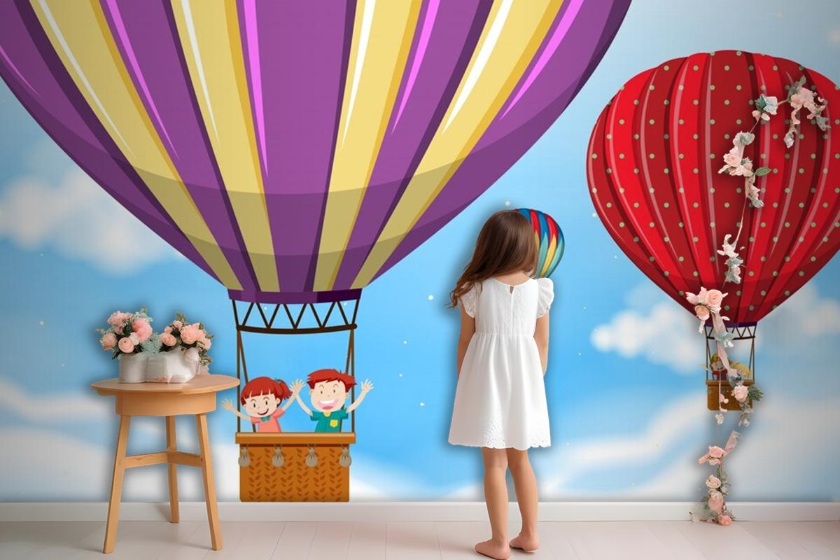 Children Riding Hot Air Balloon Wallpaper Mural