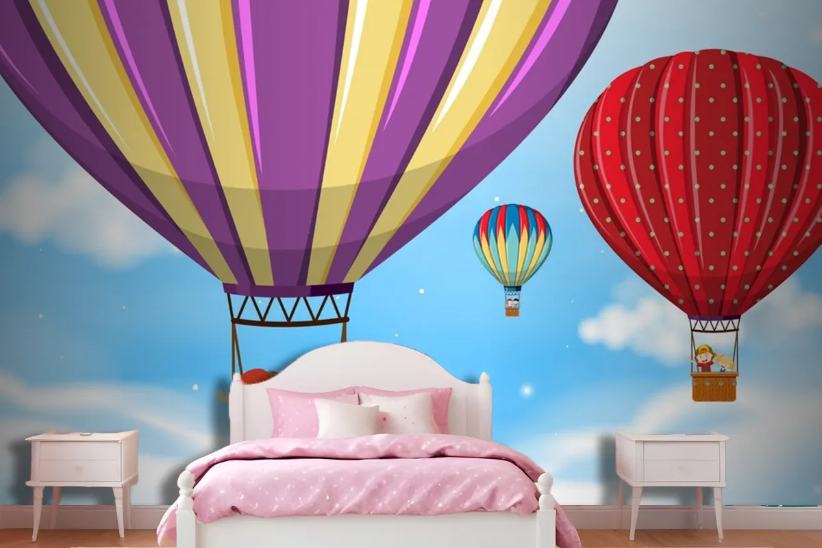 Children Riding Hot Air Balloon Wallpaper Mural