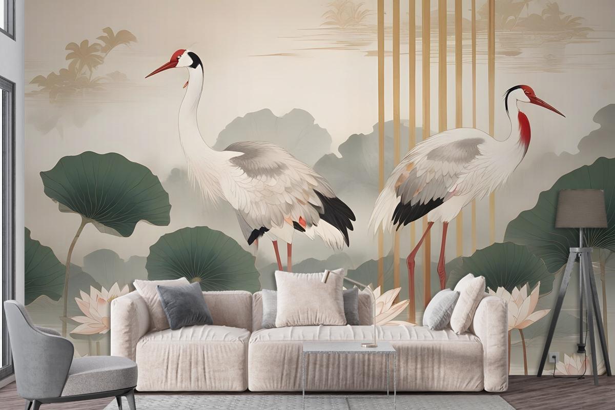 Chinese Crane Birds With Lotus Florals Wallpaper Mural