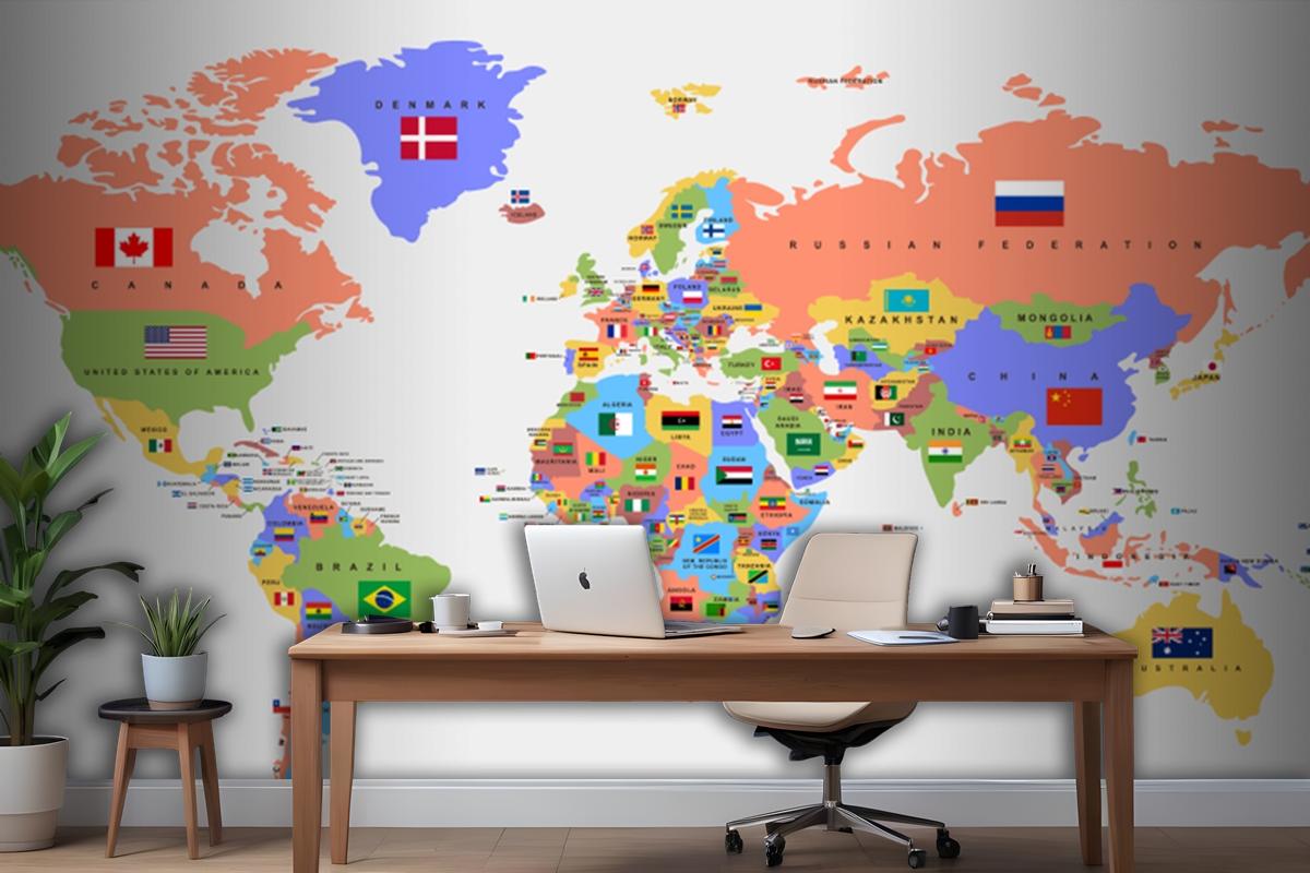 Color World Map With The Names Of Countries And National Flags Wallpaper Mural