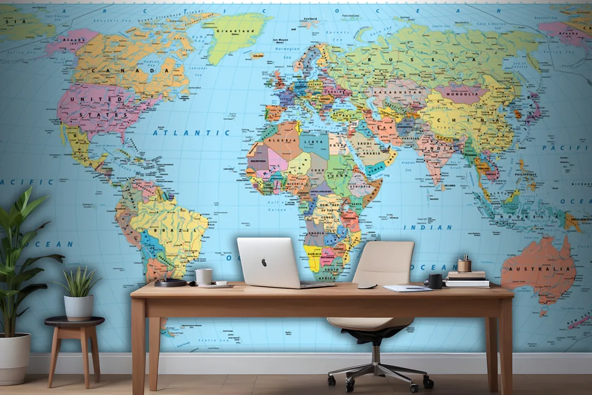 Colored World Map Borders Countries Roads And Cities Wallpaper Mural