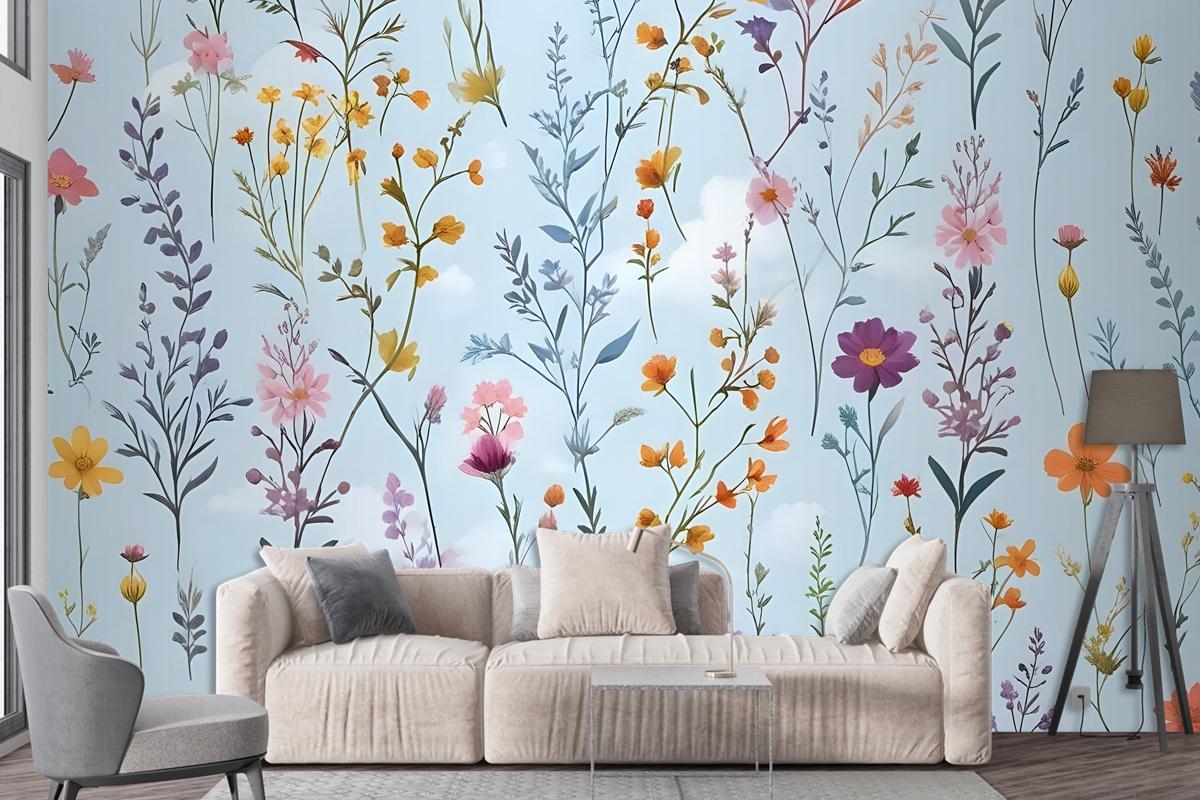 Colorful Blossoms Blue Wallpaper Mural