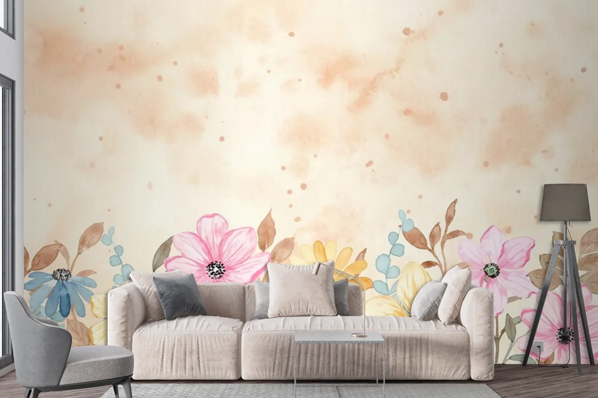 Colorful Floral Garden Background With Watercolor Wallpaper Mural