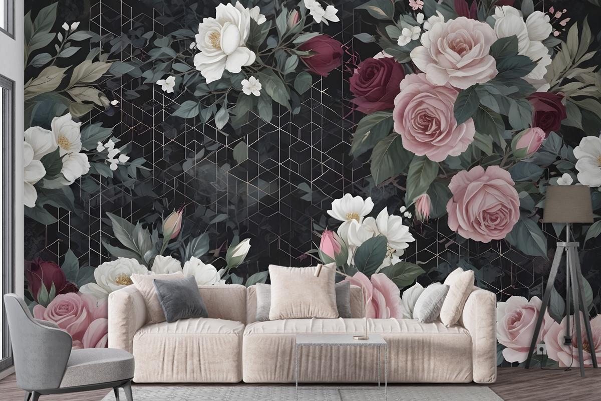 Colorful Floral With Dark Geometric Pattern Wallpaper Mural