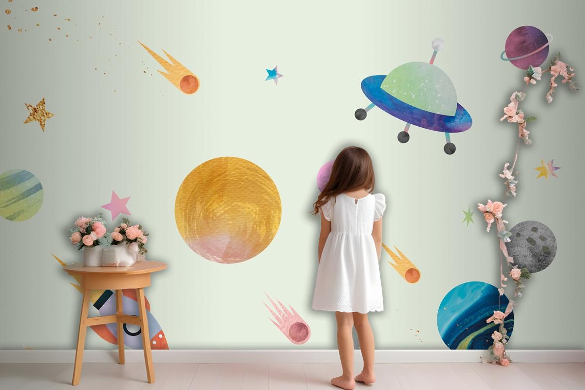 Colorful Galaxy Pattern Background In Cute Watercolor Style Wallpaper Mural