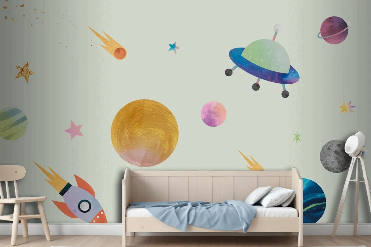 Colorful Galaxy Pattern Background In Cute Watercolor Style Wallpaper Mural