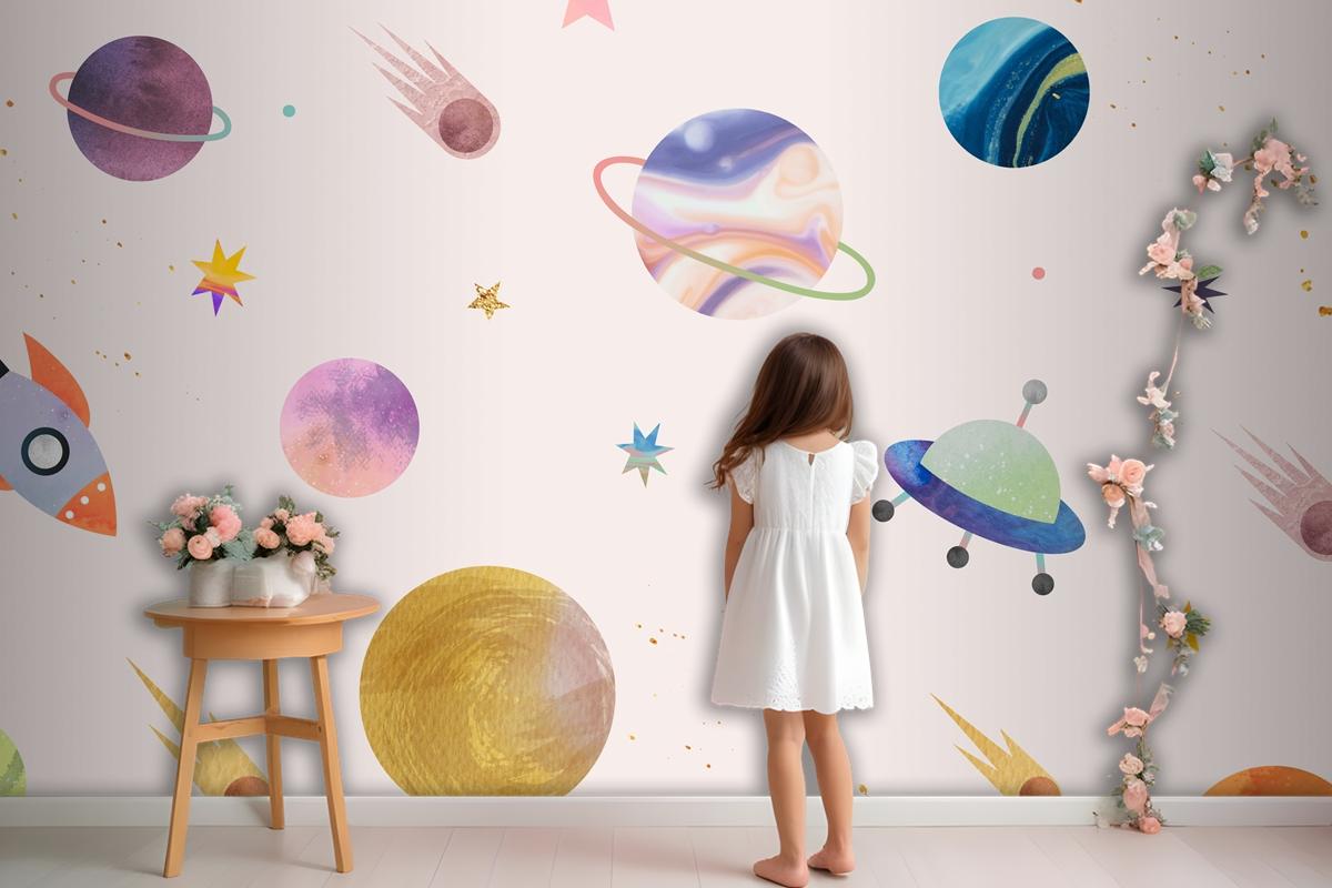 Colorful Galaxy Watercolor Doodle On Pastel Background Wallpaper Mural