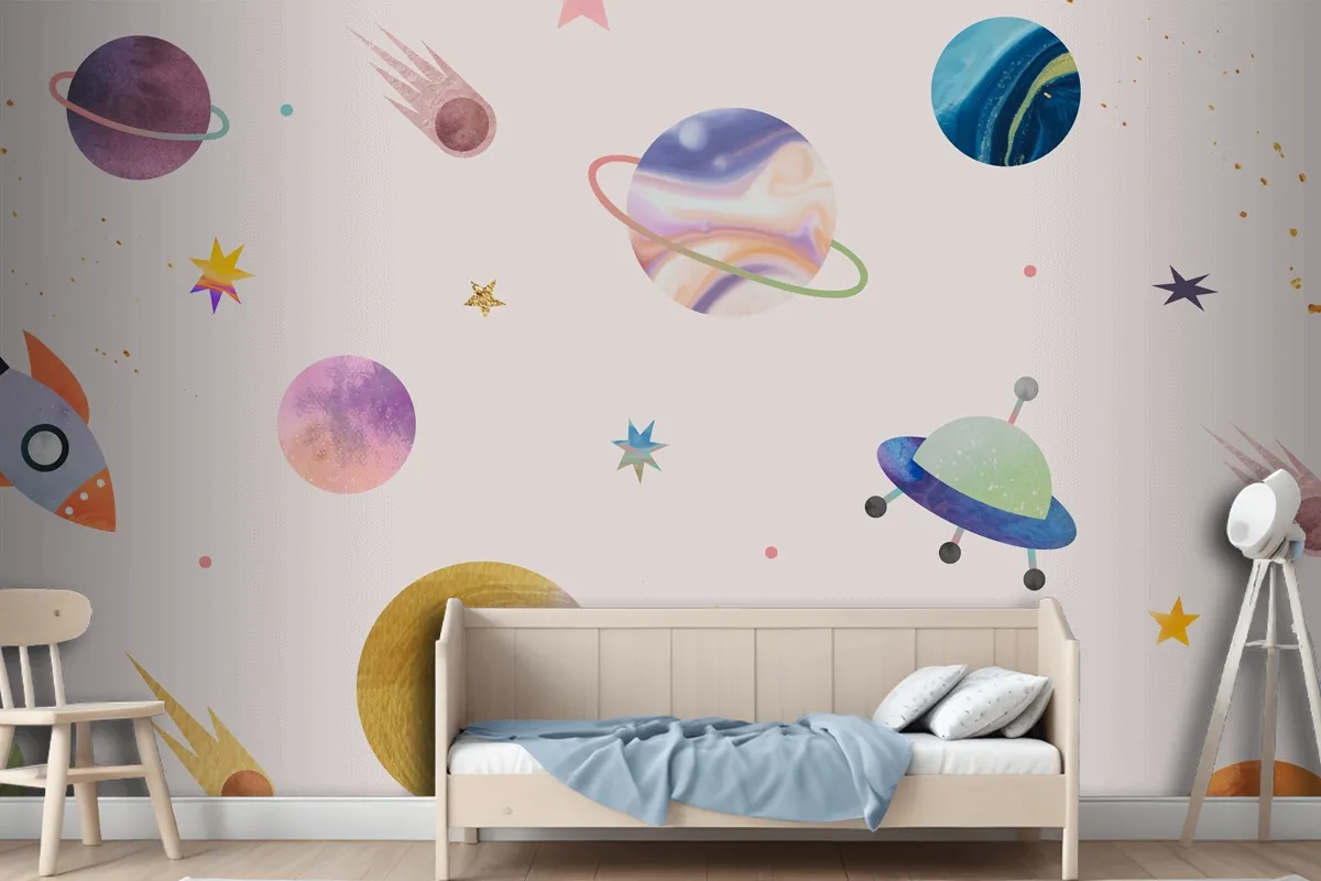 Colorful Galaxy Watercolor Doodle On Pastel Background Wallpaper Mural