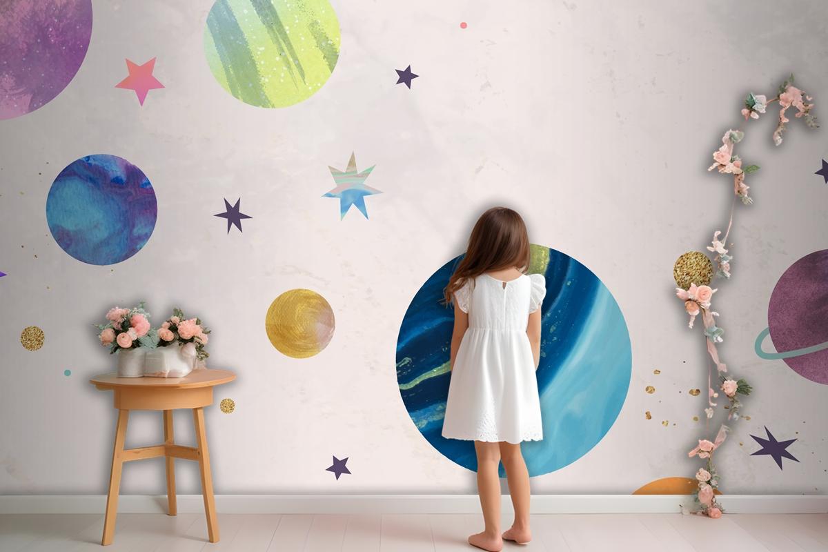 Colorful Galaxy Watercolor Doodle On Pastel Wallpaper Mural