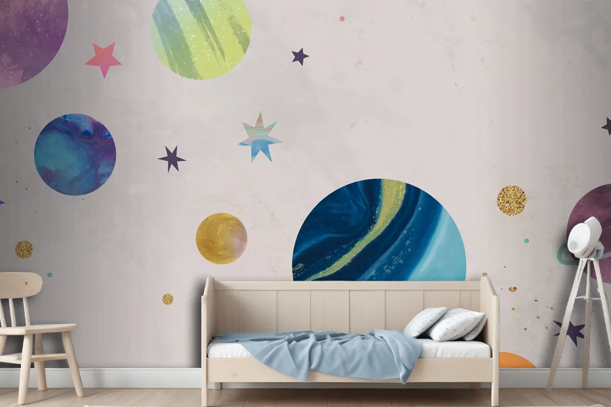 Colorful Galaxy Watercolor Doodle On Pastel Wallpaper Mural