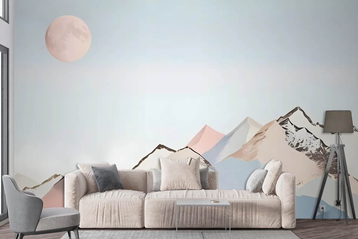 Colorful Mountain With Pink Moon Wallpaper Mural