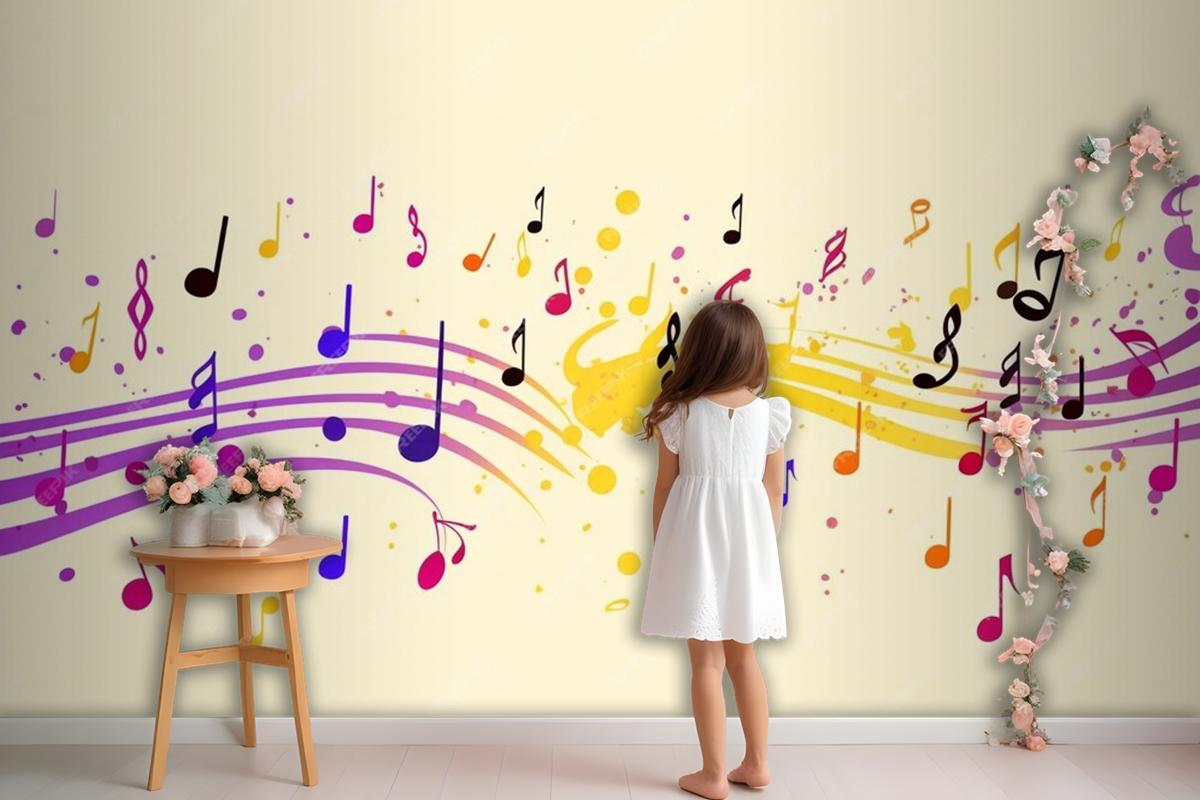 Colorful Musical Notes Yellow Background Wallpaper Mural