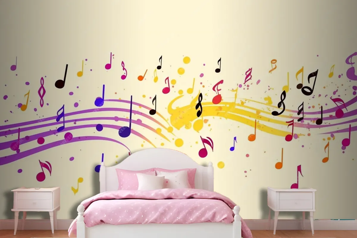 Colorful Musical Notes Yellow Background Wallpaper Mural