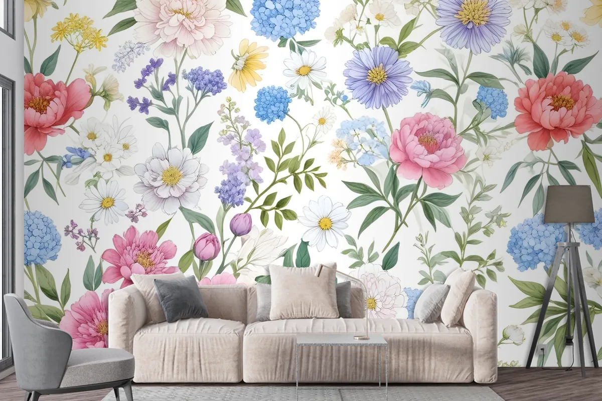 Colorful Spring Pink Wildflowers Wallpaper Mural