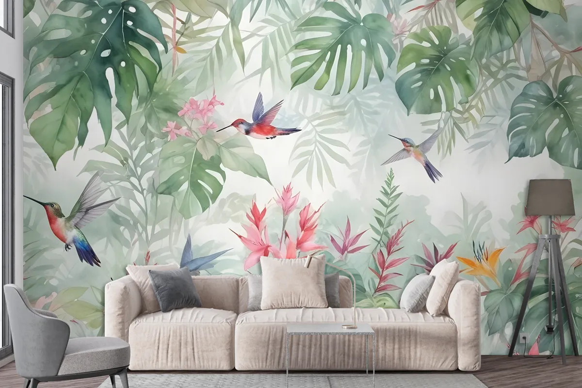 Colorful Tropical Exotic Cactus Floral With Little Birds Wallpaper Mural