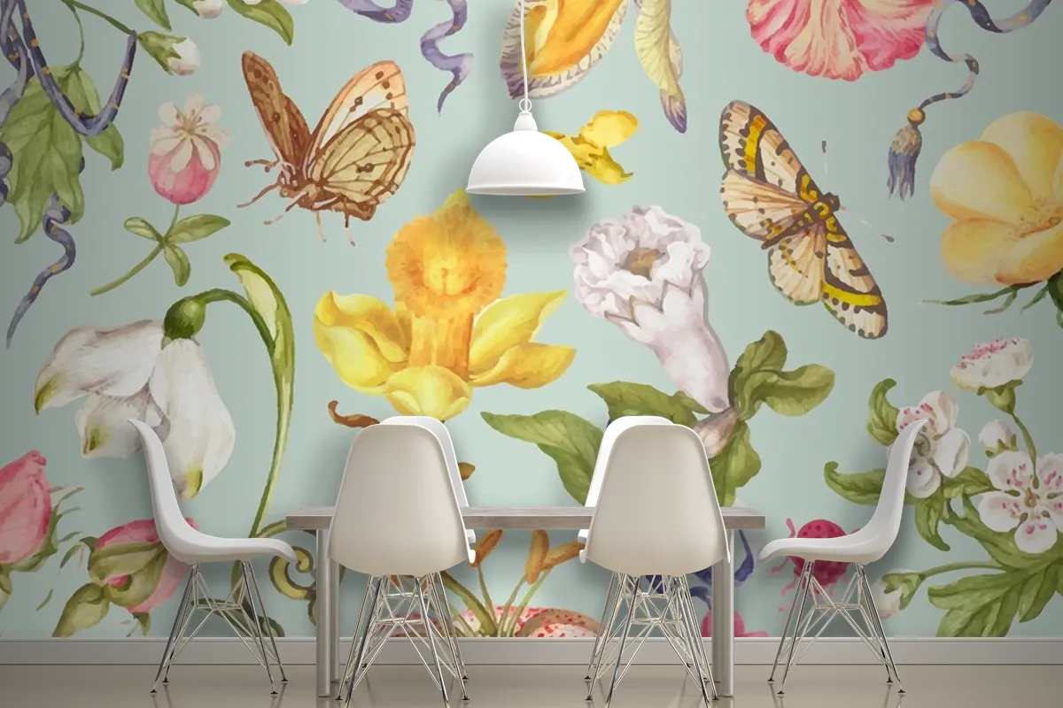 Colorful Vintage Floral Pattern On Green Background Wallpaper Mural