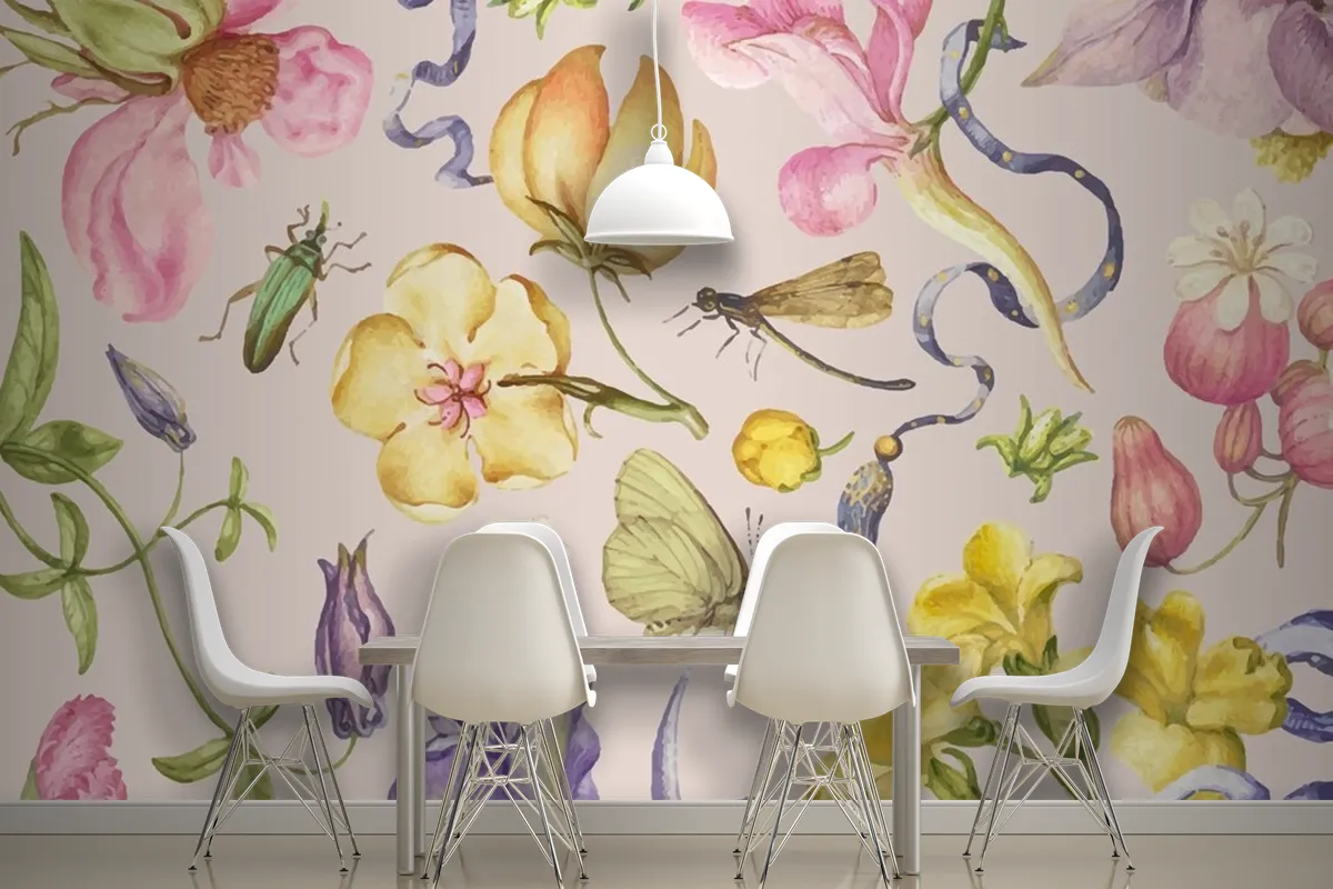 Colorful Vintage Floral Pattern Vector On Pink Wallpaper Mural