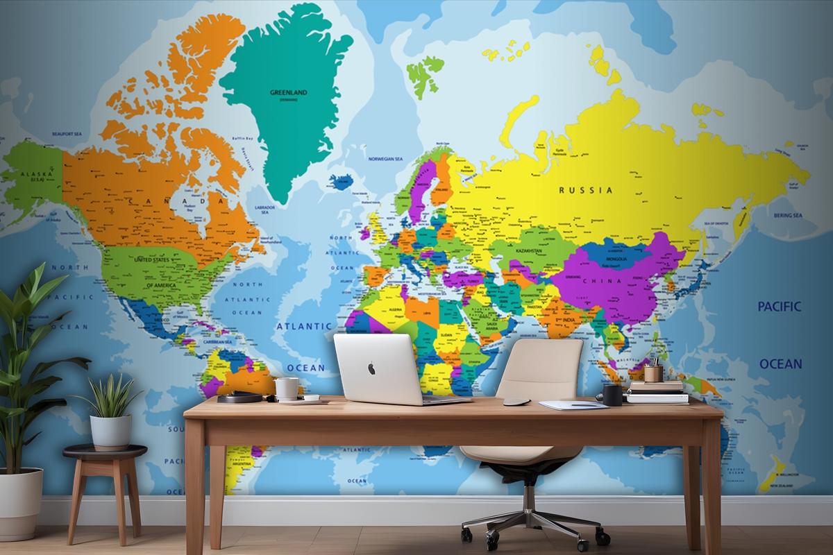 Colorful World Political Map With Clearly Labeled Wallpaper Mural