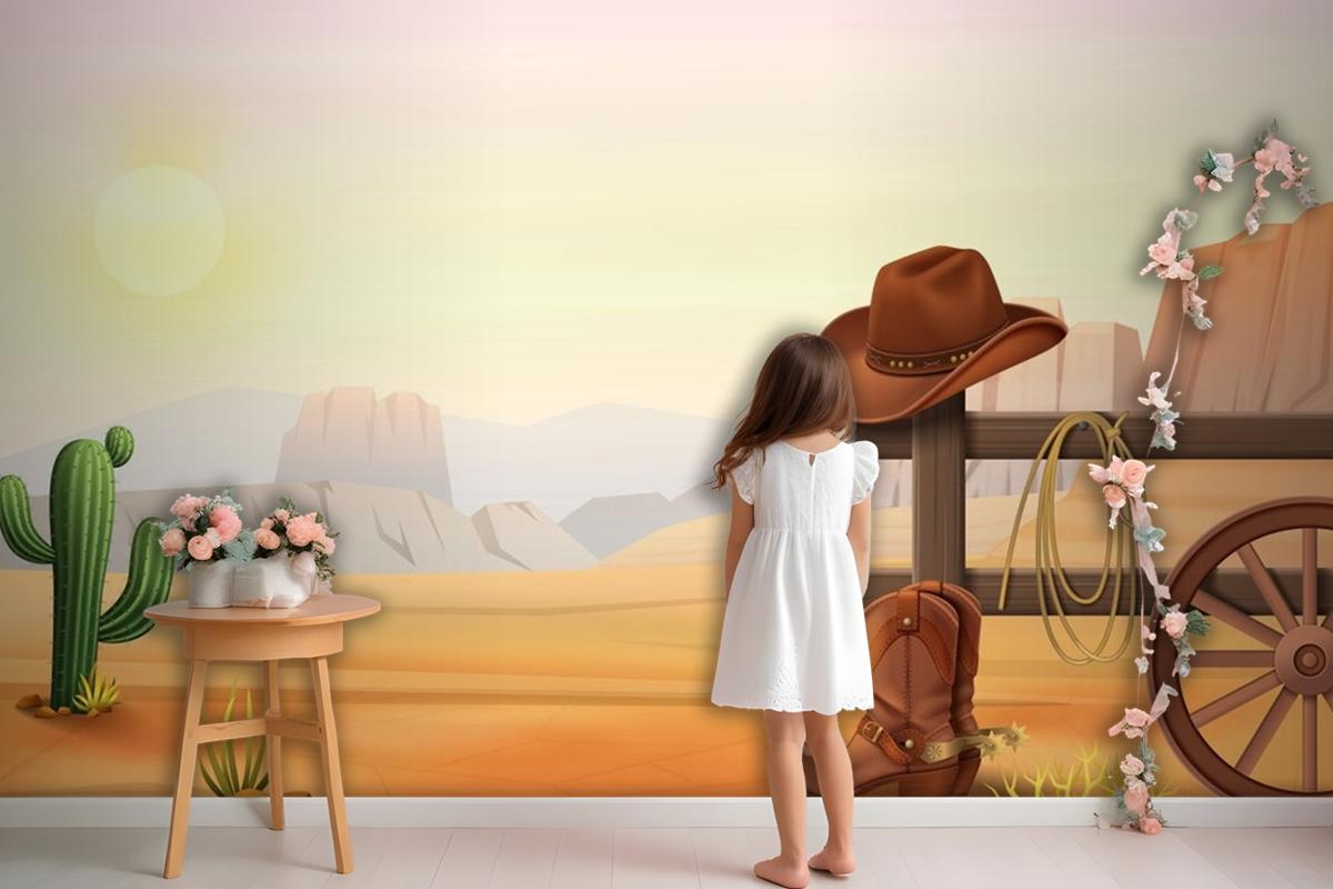 Cowboy Boots And Hat On Fence Wallpaper Mural