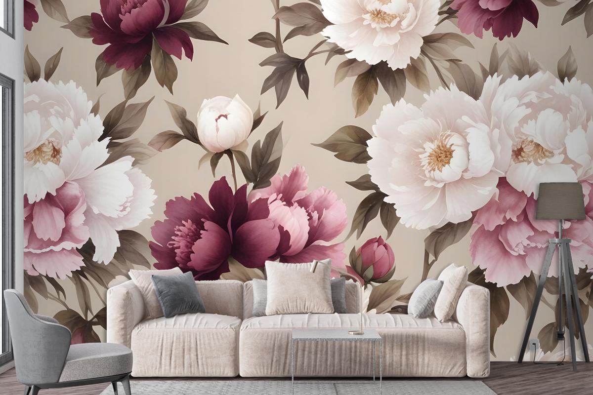 Cream Pink Peony Floral Pattern Wallpaper Mural