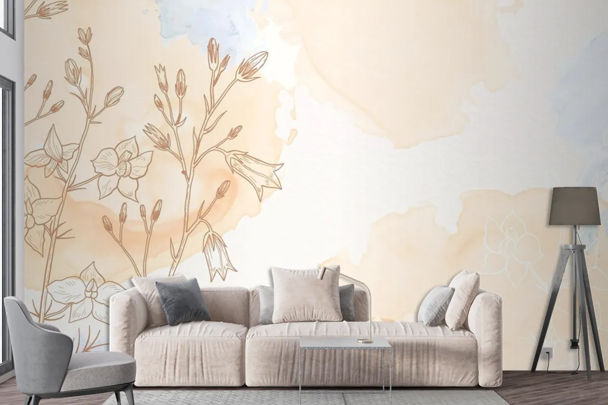 Cream Powder Pastel With Hand Drawn Flowers Background Wallpaper Mural