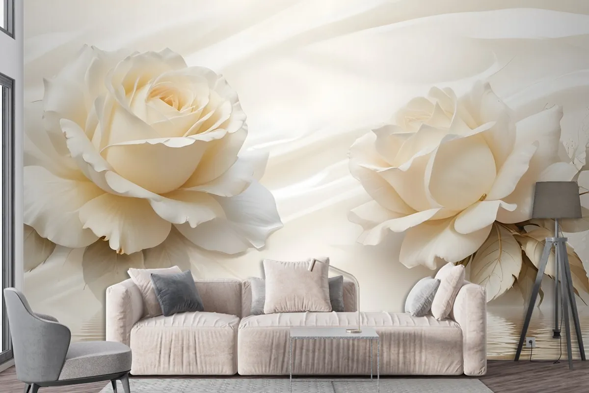 Cream Rose Floral With Water Pattern Wallpaper Mural