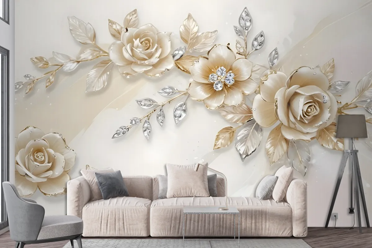 Cream Swarovski Rose Floral Wallpaper Mural