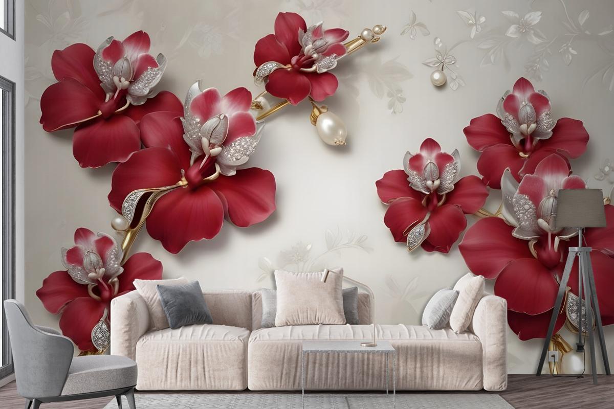 Crystal Red Floral Art Wallpaper Mural