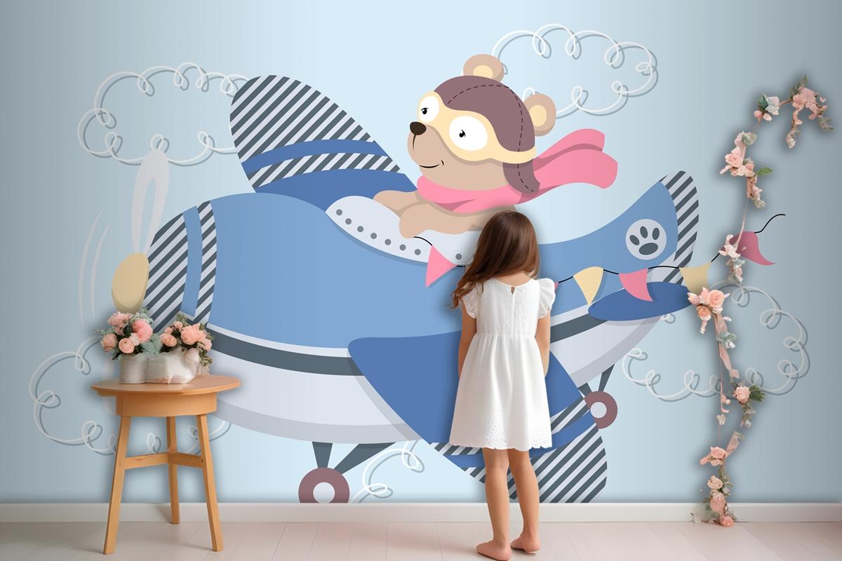 Cute Cartoon Teddy Bear In Aviator Glasses A Leather Helmet And Scarf Flying In Vintage Airplane Wallpaper Mural