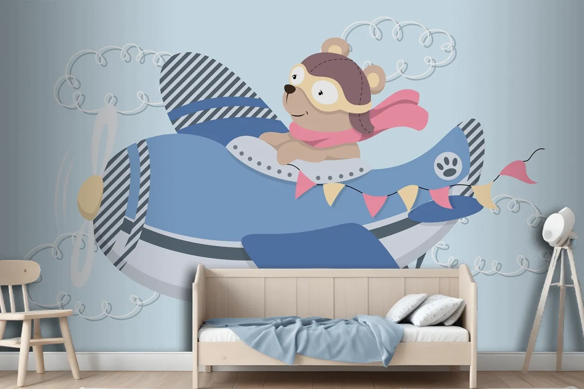 Cute Cartoon Teddy Bear In Aviator Glasses A Leather Helmet And Scarf Flying In Vintage Airplane Wallpaper Mural