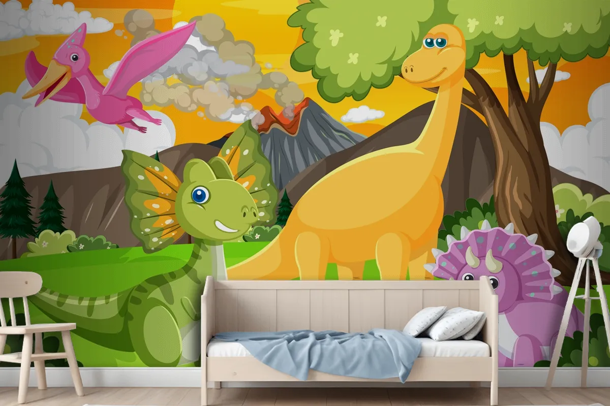 Cute Dinosaur Group In Forest Wallpaper Mural