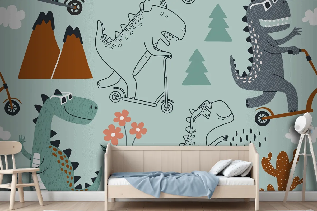 Cute Dinosaur Rides A Scooter Wallpaper Mural