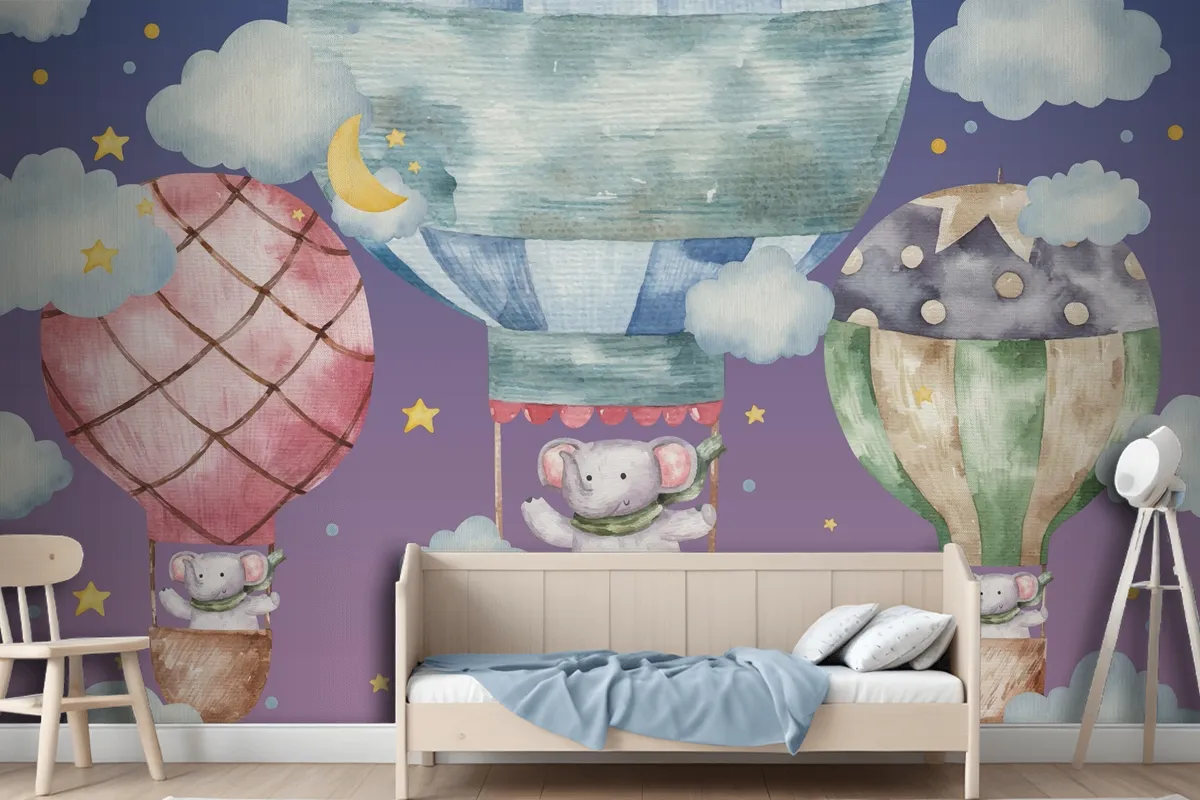 Cute Elephant Flies On Colored Balloons Wallpaper Mural