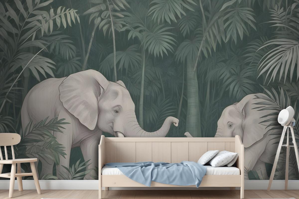 Cute Elephants On The Tropical Jungle Kids Wallpaper Mural