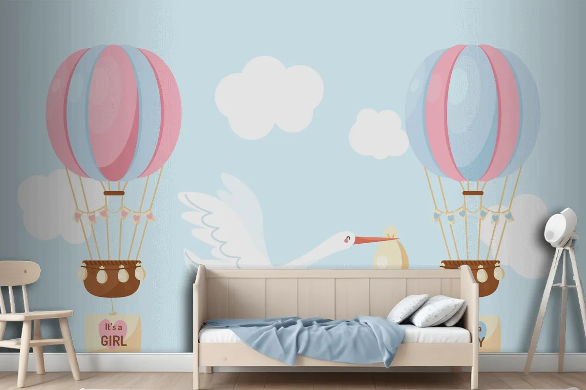 Cute Flat Design Gender Reveal Wallpaper Mural