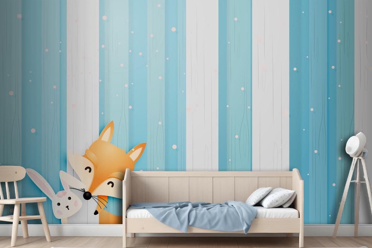 Cute Fox And Rabbit In The Wood With Paper Art Style Pastel Scheme Wallpaper Mural