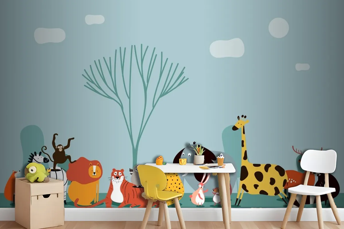 Cute Group Of Wild Animals Wallpaper Mural