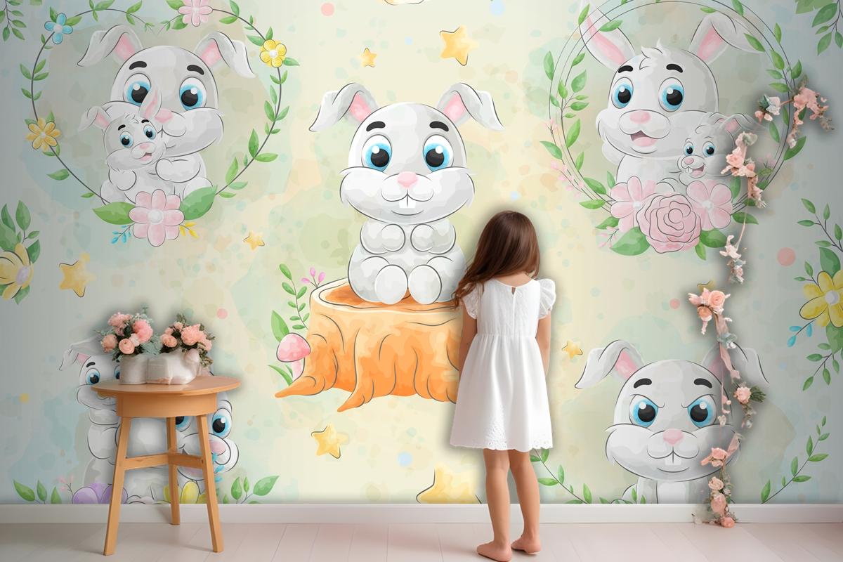 Cute Little Rabbit With Watercolor Wallpaper Mural