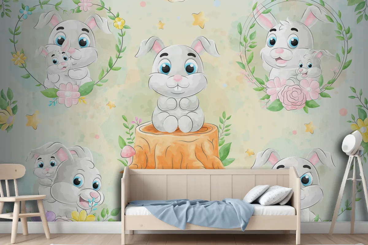 Cute Little Rabbit With Watercolor Wallpaper Mural