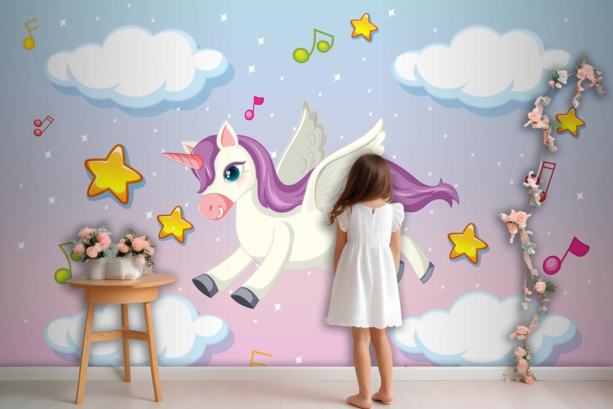 Cute Pegasus With Purple Mane Flying In The Pastel Sky Wallpaper Mural