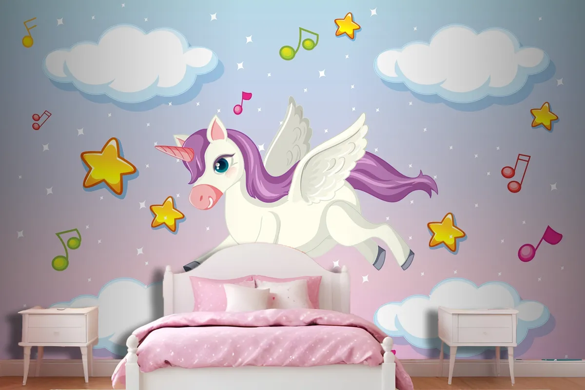 Cute Pegasus With Purple Mane Flying In The Pastel Sky Wallpaper Mural