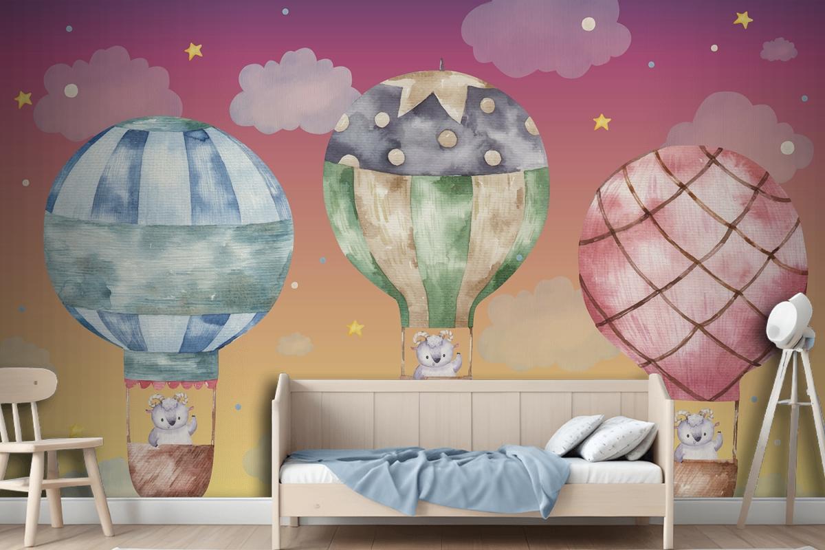 Cute Ram Flying On Colored Balloons Wallpaper Mural