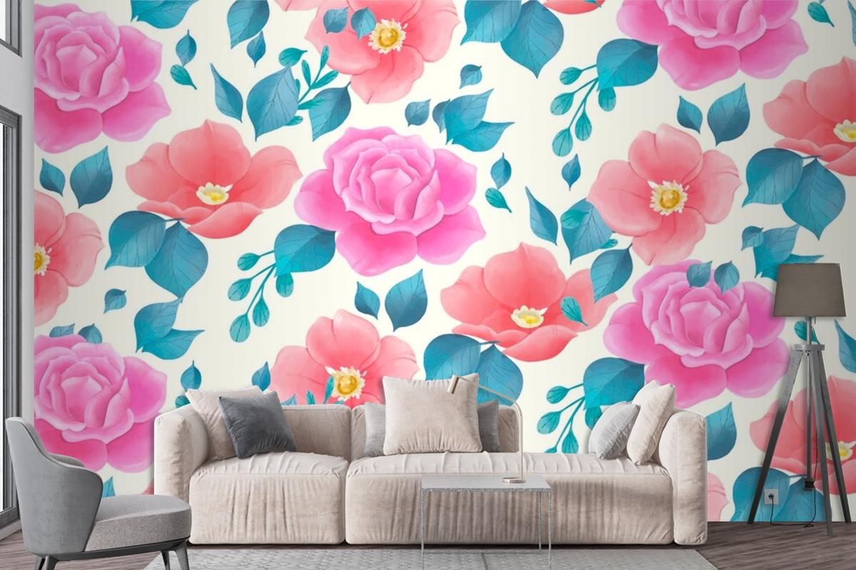 Cute Watercolor Floral Pattern With Rose Flowers Wallpaper Mural