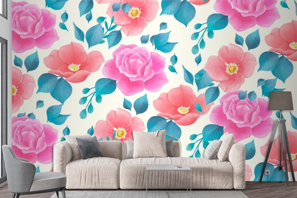 Cute Watercolor Floral Pattern With Rose Flowers Wallpaper Mural