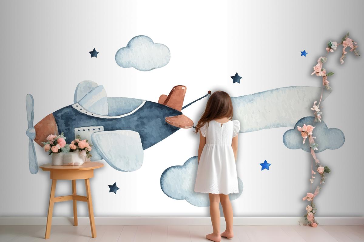 Cute Watercolor Sky Scene With Air Plane Clouds And Stars Wallpaper Mural