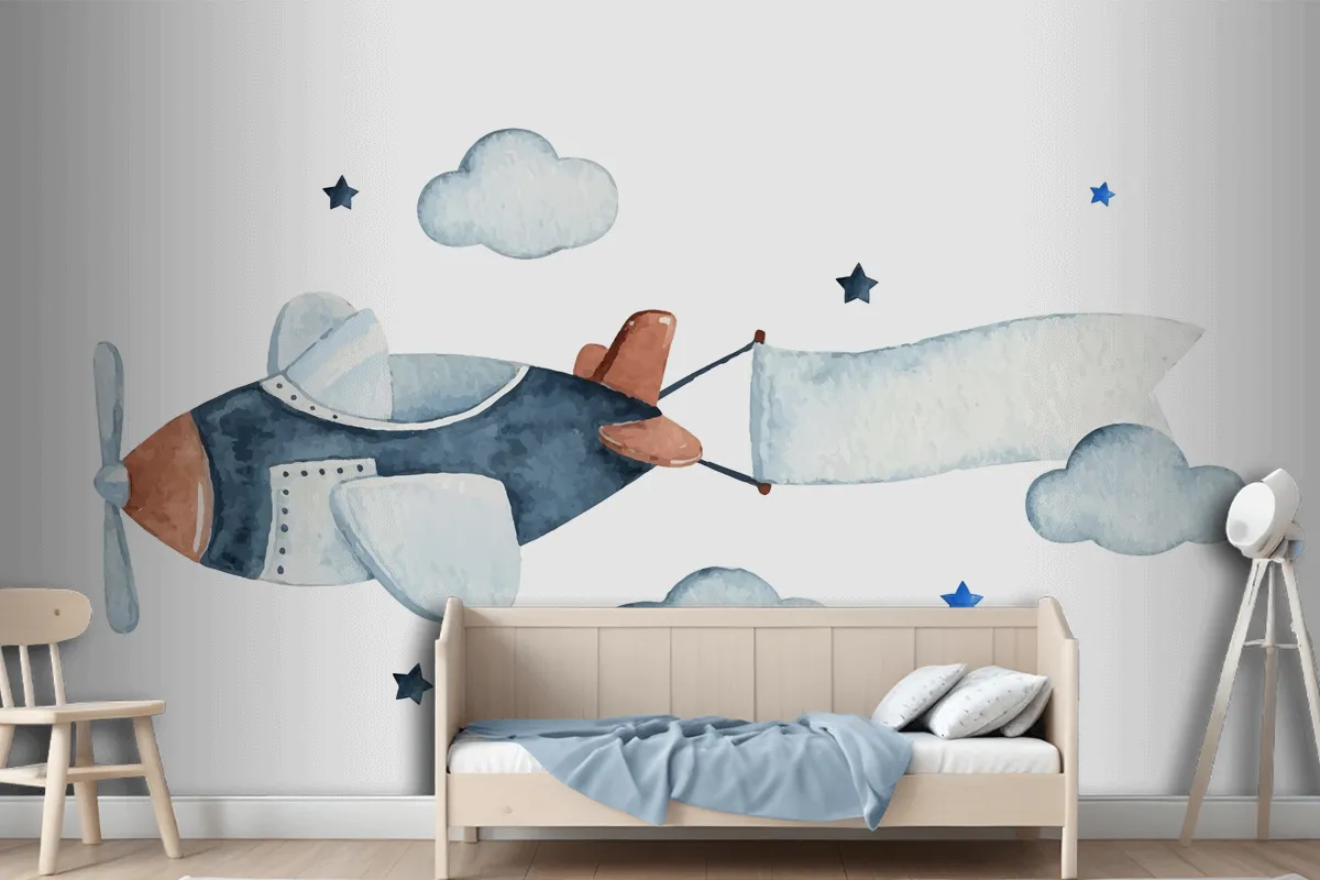 Cute Watercolor Sky Scene With Air Plane Clouds And Stars Wallpaper Mural