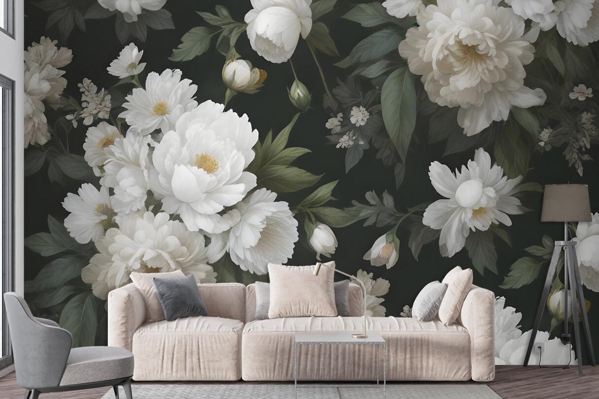 Dark Floral And White Peony Blossoms Wallpaper Mural